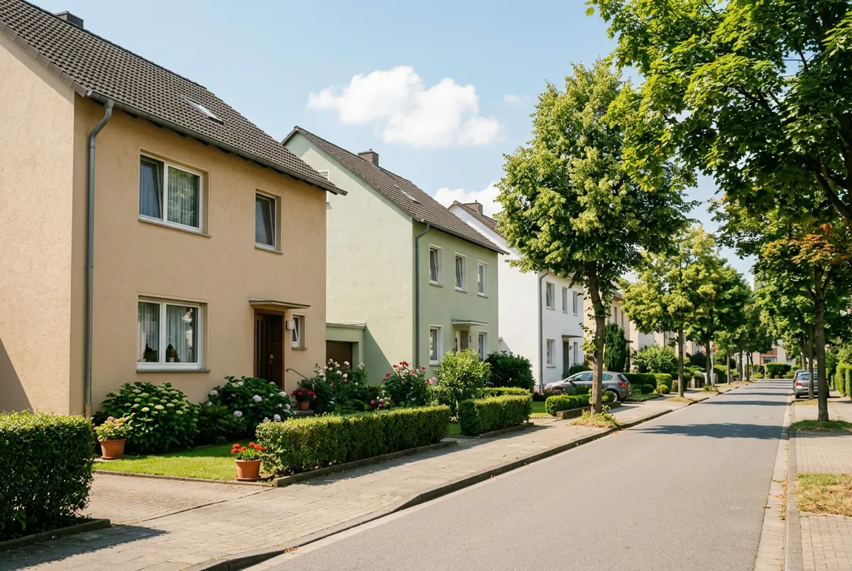 Sonnige Wohnstraße mit verschiedenen verputzten Wohnhäusern unterschiedlicher Baujahre und grünen Vorgärten