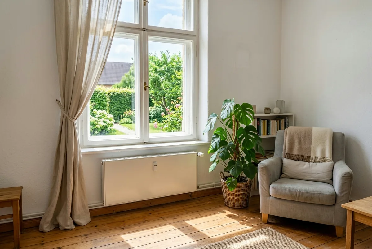 Heller Altbau-Wohnraum mit weißem Flachheizkörper unter dem Fenster und Blick in einen grünen Garten